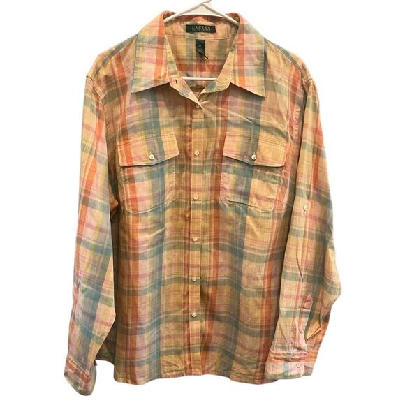 Ralph Lauren Tops - Lauren Ralph Lauren Women Linen Blend Button Up Shirt Sz 2X Yellow Plaid Classic